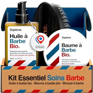 Sapiens Barbershop Kit Soin Barbe Homme Huile Barbe Bio + Baume Barbe Bio + Brosse en Poils de Sanglier Essentiels de soin pour barbe Made in France - Publicité