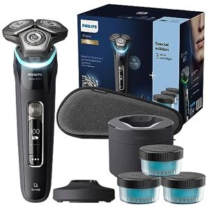 Philips S9000 rasoir électrique Wet & Dry pour hommes couleur Noir avec lames Lift & Cut, technologie SkinIQ, tondeuse à barbe, Clean Pod, socle de charge et étui de transport (modèle S9976/63) - Publicité