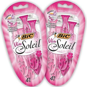 BIC Miss Soleil Rasoirs Jetables pour Femme (3 Lames avec double bande lubrifiante) Couleurs Assorties, Lot de 2 Blisters de 4 - Publicité