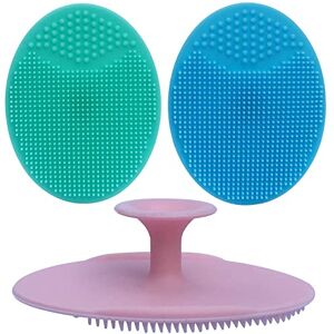 MMSGA Brosse visage manuelle silicone et Brosse exfoliante pour adultes，Brosse de bain cuir chevelu bebe，Brosse de massage bebe，Brosse à bébé pour Cradle Cap，Brosse en silicone souple (Bleu+Rose+Vert) - Publicité