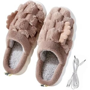 Rutaqian Washable Slippers Usb 5v Heated Couple Style Foot Warmer Shoes Electric Heating Winter Warm Plush for Women Coffee One Size