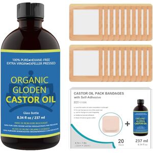 Hbaid Castor Oil Pack Wrap, 20 PCS Castor Oil Packs and 8 fl.oz Castor Oil for Liver Detox, Highly Absorbent Self-Adhesive Castor Oil Wrap Organic Cotton, No Wash Easy to Use Anti-Seepage(Oil Included)