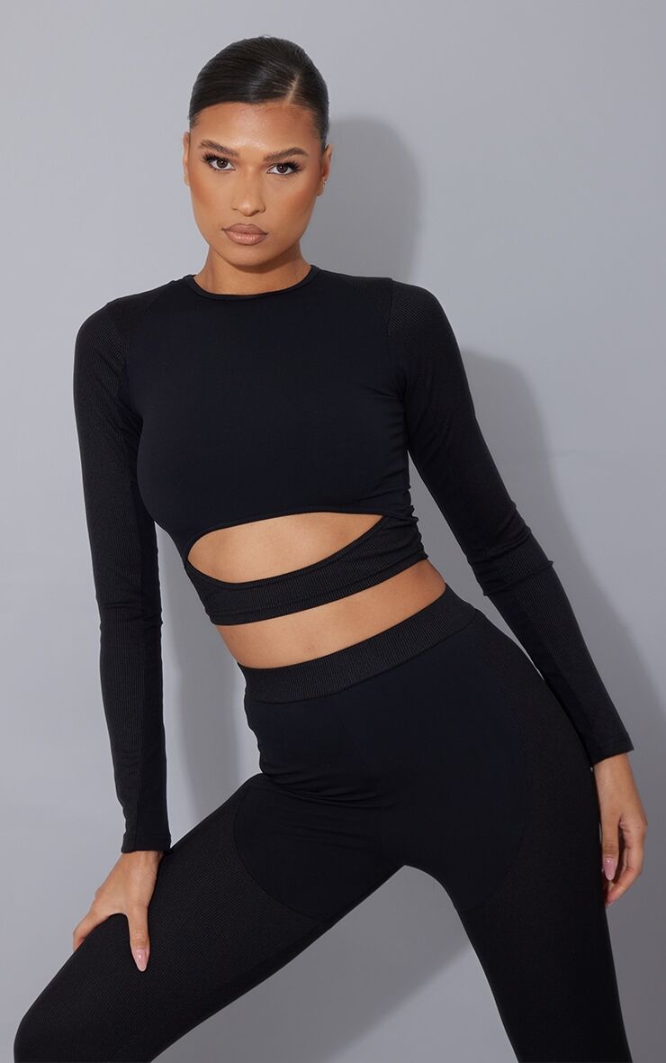 PrettyLittleThing Black Sculpt Luxe Panel Rib Sports Cut Out Top  - Black - Size: 4