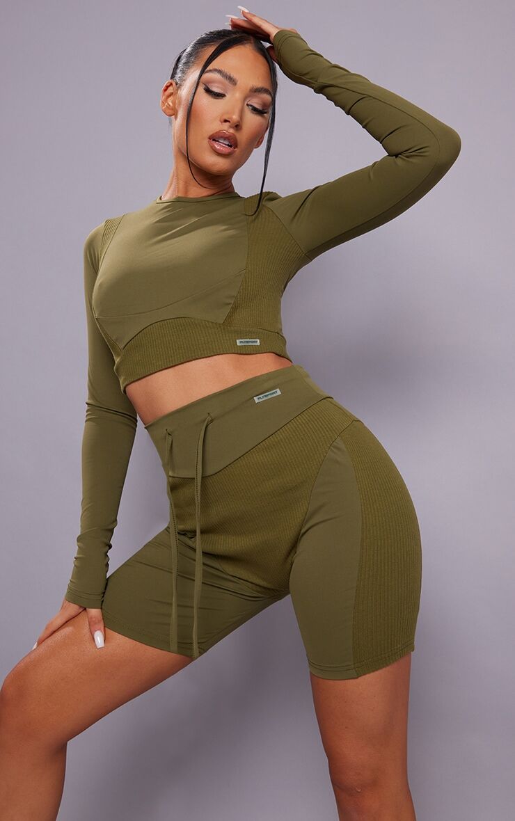 PrettyLittleThing Khaki Sculpt Luxe Panel Rib Sports Crop Top  - Khaki - Size: 12