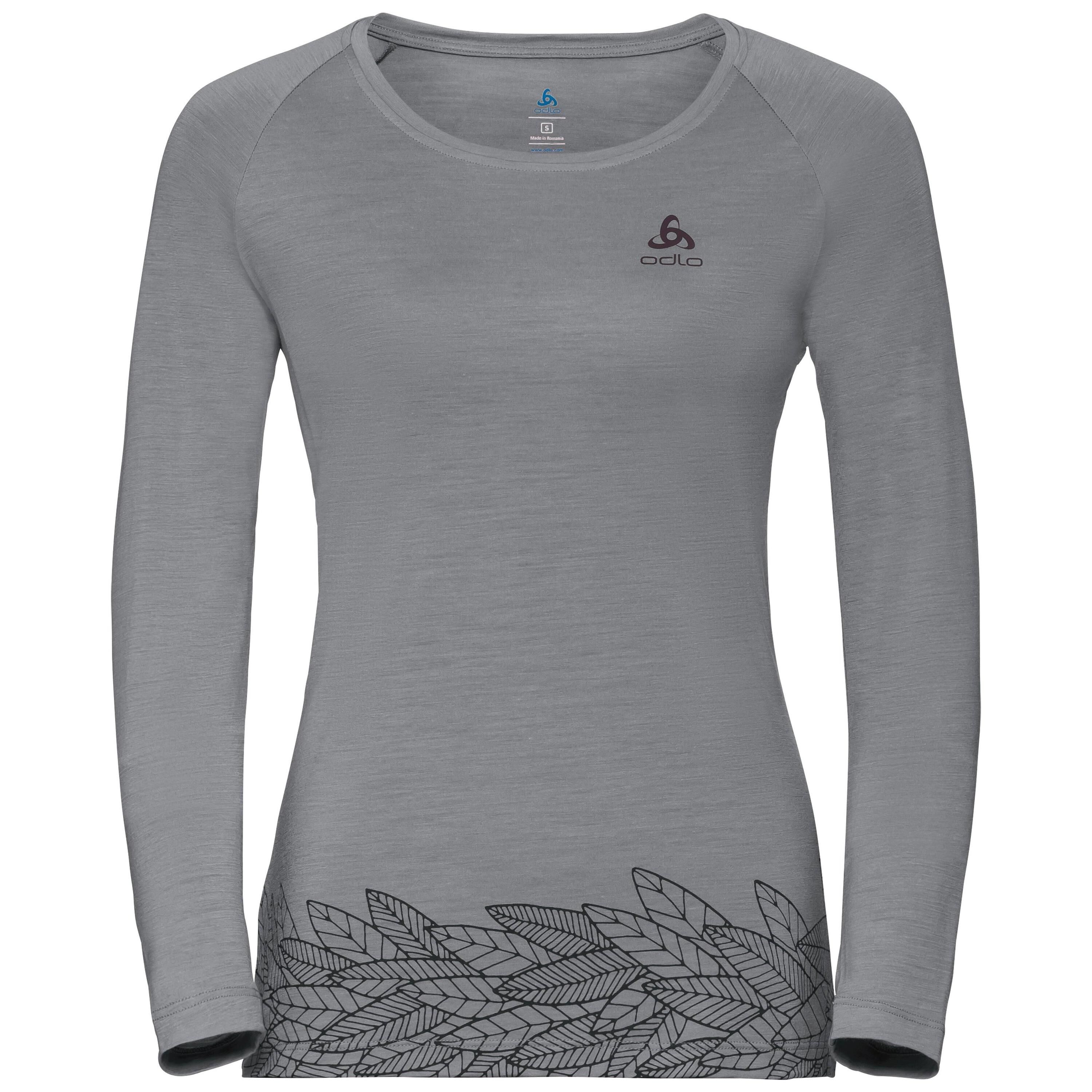 Odlo Damen CONCORD Langarm-Shirt, female, grey melange - leaves on waist print SS19, L