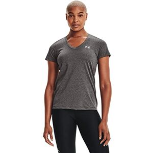 Under Armour Under Armor Ladies Tech Short Sleeve V Solid, Short-sleeved Training Shirt, Gray (Carbon Heather / Metallic Silver), XS