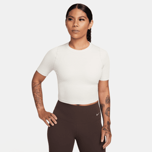 Kort Nike Zenvy Rib Dri-FIT-top med korte ærmer til kvinder - brun brun L (EU 44-46)