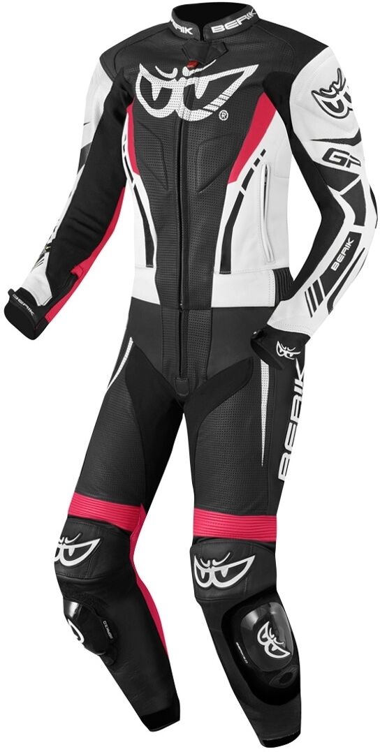 Berik Monza Damas de dos piezas de cuero de motocicleta traje - Negro Blanco Rosa (38)