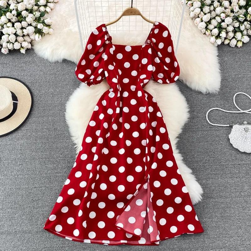 Summer Vintage Print Polka Dot Women Dress 2024 New Arrival Elegant Puff Sleeve A-line Split Korean Party Women Dresses