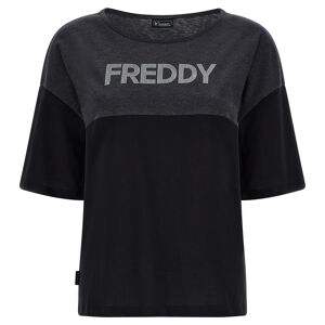 Freddy T-shirt nera con spalle mélange e stampa argento Black -Black Melange Donna Small