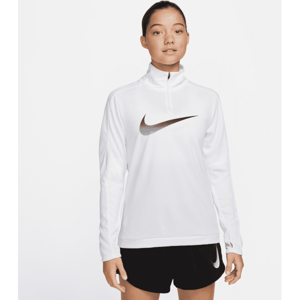 nike capo midlayer da running a manica lunga con zip a 1/4  dri-fit swoosh – donna - bianco