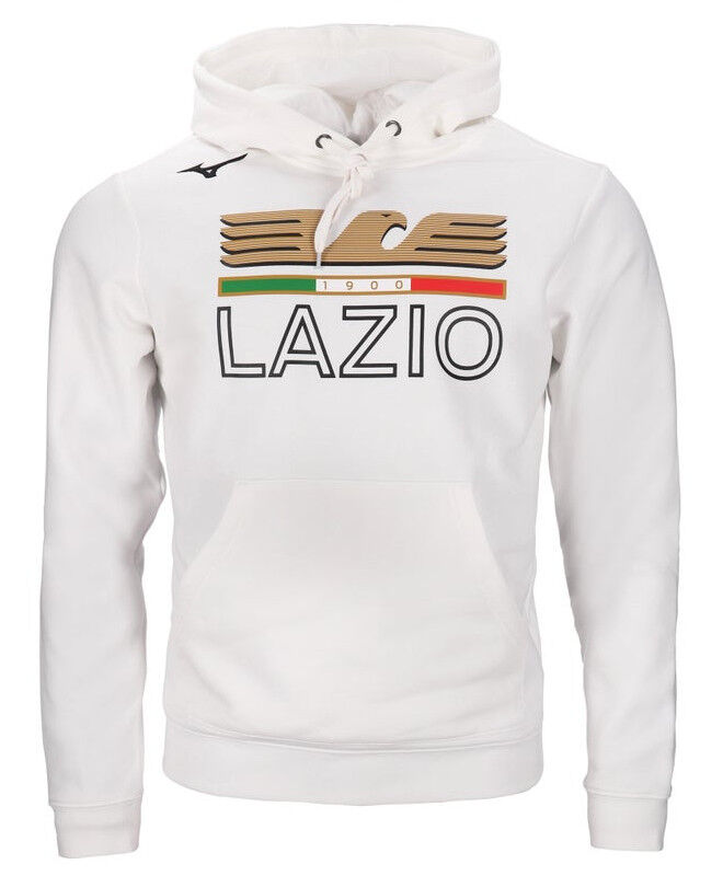 Mizuno SS Lazio Felpa Cappuccio Hoodie Bianco Cotone felpato con tasche 2023 24