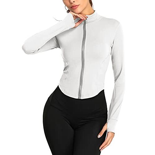 SEAUR Hardloopjassen voor vrouwen, lichtgewicht, gym, slim fit, atletisch, work-out, yoga, sport, actieve jas, sportkleding, Wit, L