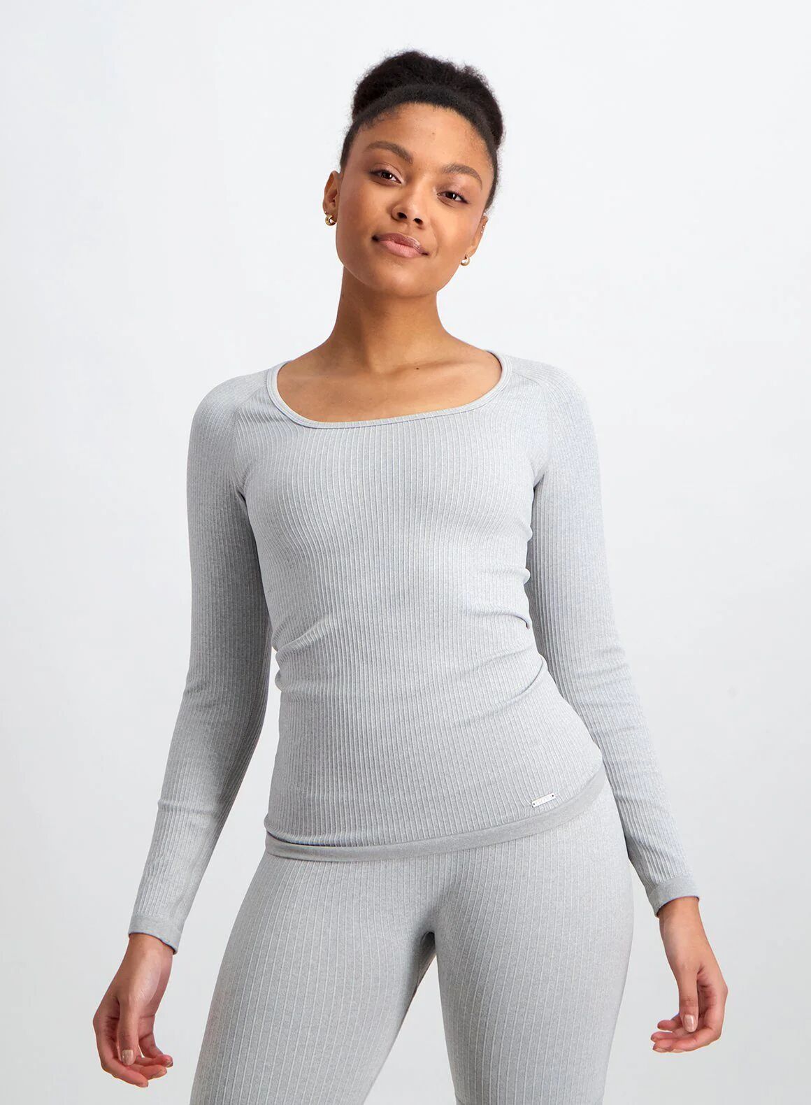 Aimn Light Grey Melange Ribbed Seamless Long Sleeve  S