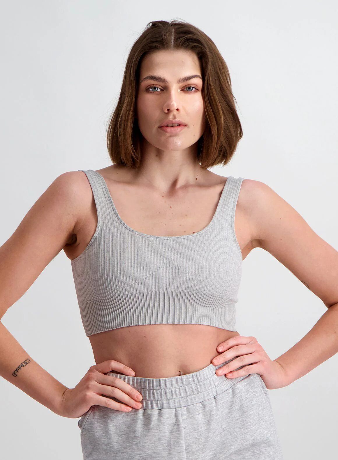 Aimn Light Grey Melange Ribbed Seamless Bra  XS