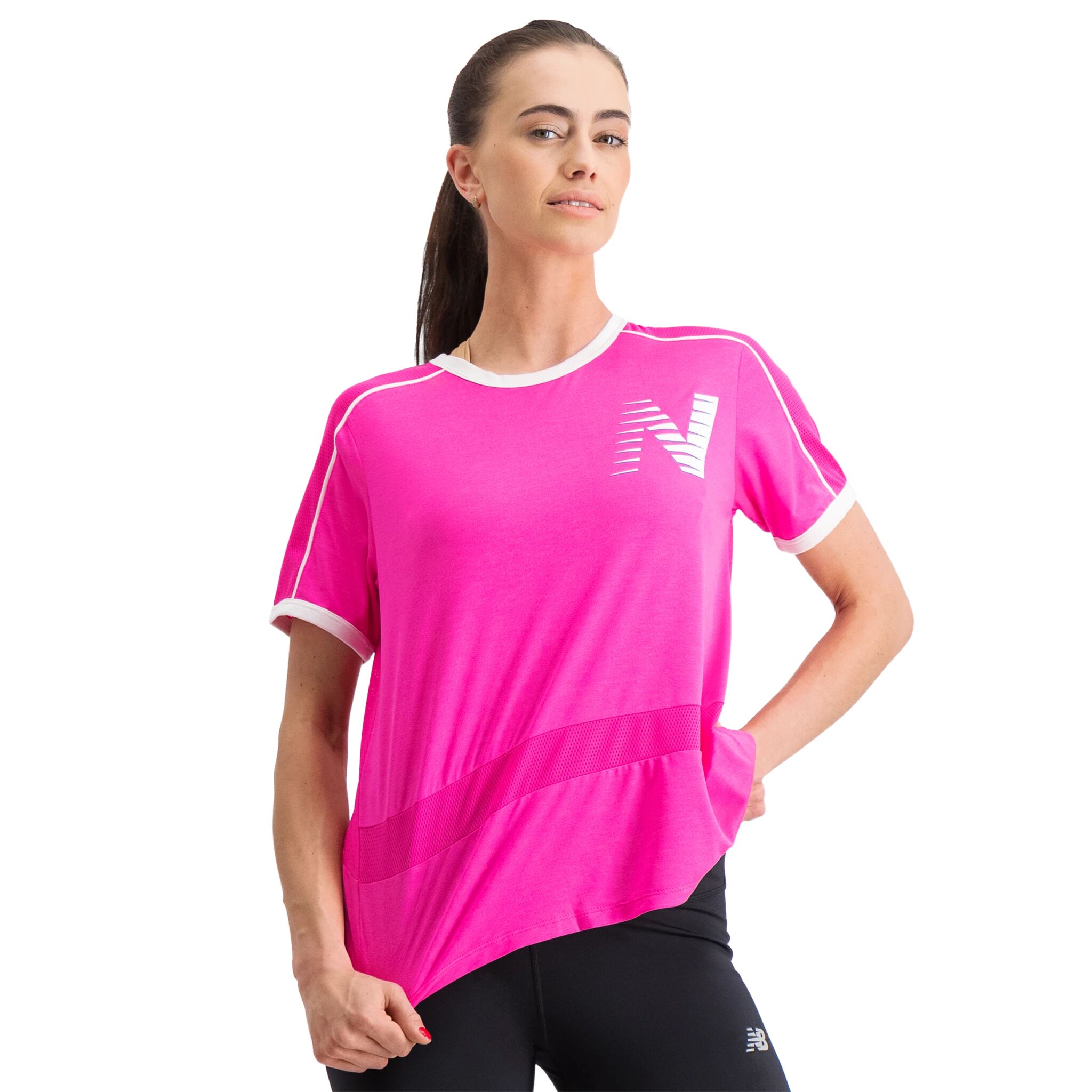 New Balance Printed Fast Flight Short Sleeve Top W, t-skjorte dame M Pink Glo Heather