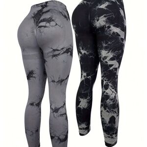 Temu Women's 2-pack Seamless Tie-dye High Stretch Sports Yoga Leggings, Athletic Workout Pants, Comfort Fit Activewear For Gym & Home Exercise Black And White - Black And Gray S(4)