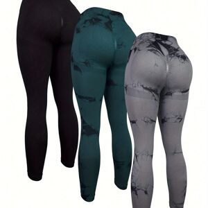 Temu 3-pack Seamless Tie-dye High Waist Yoga Pants, Sports Leggings With Tummy Control And Butt Lift, Breathable Stretch Workout Running Tights For Women, Compression Fit Activewear Black+Dark Green+Dark Gray L(8/10)