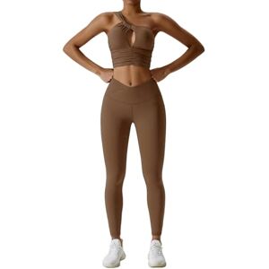 BAODANWUXIAN Workout Outfits 2 Pcs Gym Sets For Women One Shoulder Tracksuit Crop Tank Long Sleeve High Waist Outfits Workout Yoga Leggings Gym Clothes-Brown Bra Set-Xl