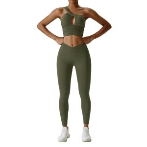 BAODANWUXIAN Workout Outfits 2 Pcs Gym Sets For Women One Shoulder Tracksuit Crop Tank Long Sleeve High Waist Outfits Workout Yoga Leggings Gym Clothes-Green Bra Set-M