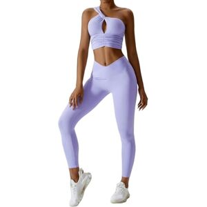 BAODANWUXIAN Workout Outfits 2 Pcs Gym Sets For Women One Shoulder Tracksuit Crop Tank Long Sleeve High Waist Outfits Workout Yoga Leggings Gym Clothes-Purple Bra Set-M