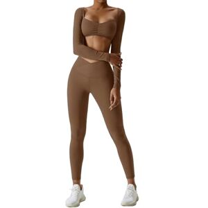 BAODANWUXIAN Workout Outfits 2 Pcs Gym Sets For Women One Shoulder Tracksuit Crop Tank Long Sleeve High Waist Outfits Workout Yoga Leggings Gym Clothes-Brown Shirt Set-Xl