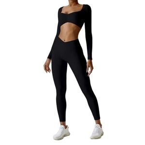 BAODANWUXIAN Workout Outfits 2 Pcs Gym Sets For Women One Shoulder Tracksuit Crop Tank Long Sleeve High Waist Outfits Workout Yoga Leggings Gym Clothes-Black Shirt Set-S