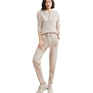 Youllyuu 100% solid Goat Cashmere Knitted Suit Women's Long-Sleeved Hooded Sweater Trousers Tracksuit Flower apricot M