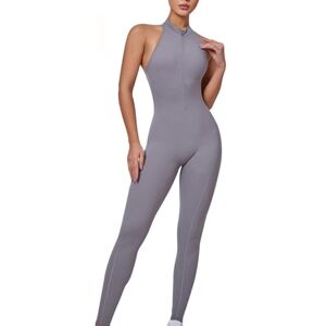 MODRYER Women Yoga Jumpsuits Sports Playsuit Romper Short Sleeve Stretchy Tracksuit Fitness Bodysuit Slim Fit Gym Set Workout Outfits Zip Up Sportswear Daily Wear,Grey-L