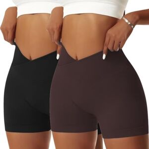 Vertvie Seamless Workout Shorts for Women V High Waist Gym Biker Shorts Tummy Control Booty Yoga Running Butt Lift Cycling Shorts Black+Dark Brown XS