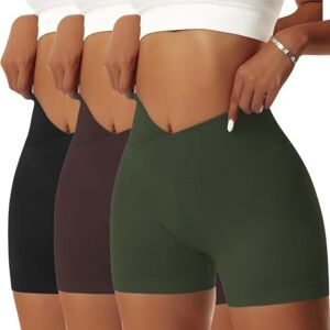 Vertvie Seamless Workout Shorts for Women V High Waist Gym Biker Shorts Tummy Control Booty Yoga Running Butt Lift Cycling Shorts Black+Army Green+Dark Brown L