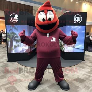 REDBROKOLY Maroon Plum mascot costume character dressed with a Yoga Pants and Pocket squares