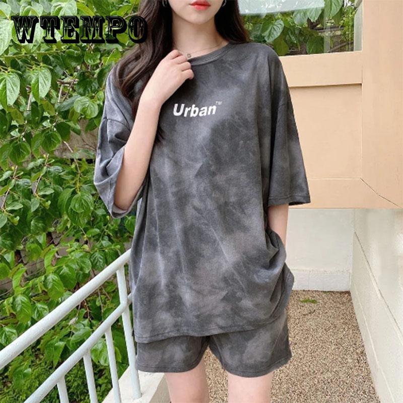 WTEMPO Pure Cotton Casual Sportswear Suit Women's Summer Short-sleeved Shorts Fashion Halo Dyed Loose Two-piece Suit