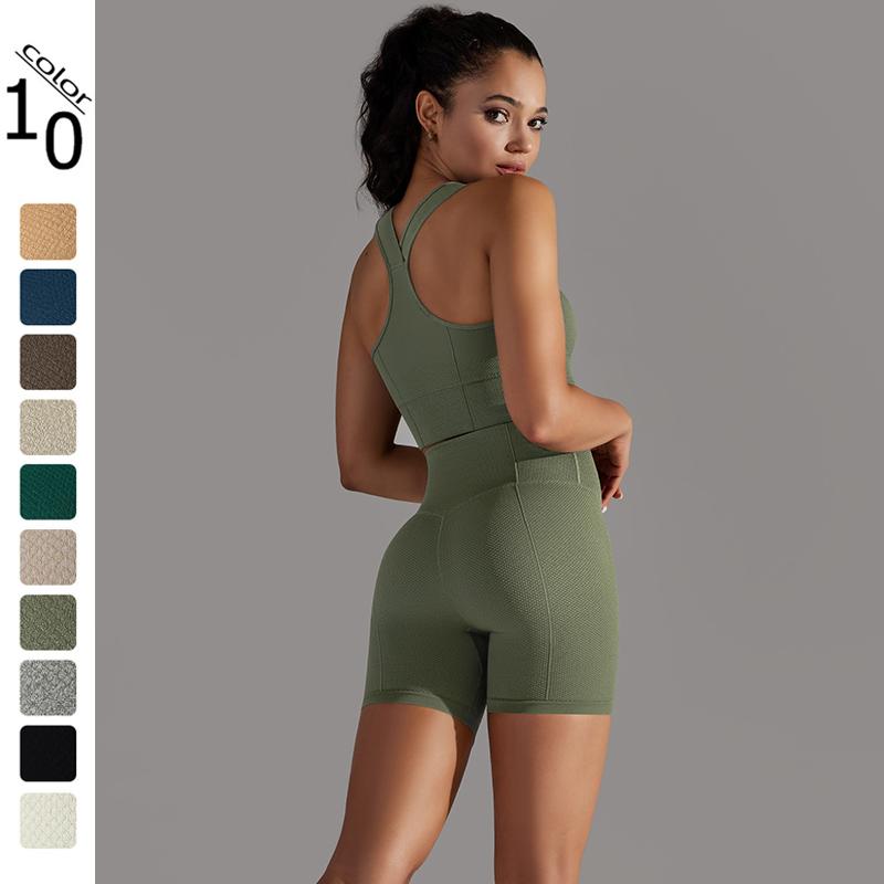 Nessaj Yoga Clothing Set Women Seamless Knit Gym Set Solid Colour Shorts Backless Fitness Underwear Sportswear