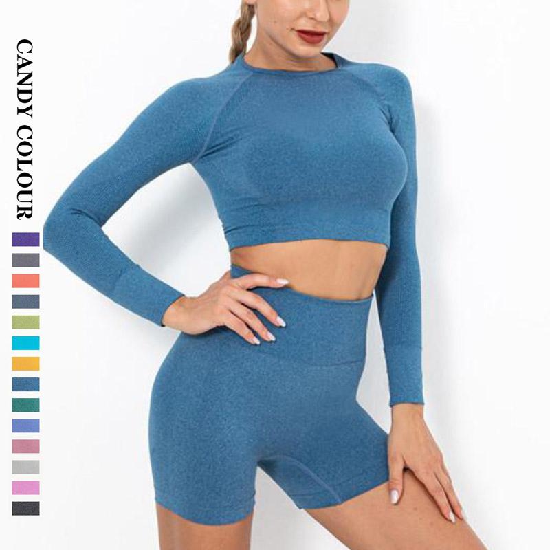 2 Piece Yoga Sets Nessaj Women's Set Yoga Shorts+Elastic Long Sleeve Sports Tops Woman Gym Clothing Fitness Sportswear