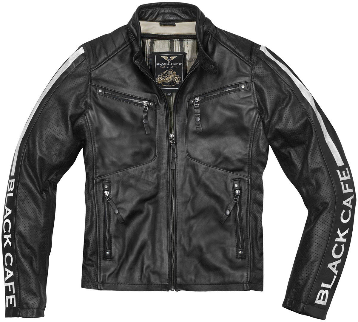 Black-Cafe London Toronto Veste en cuir de moto Noir Blanc 54