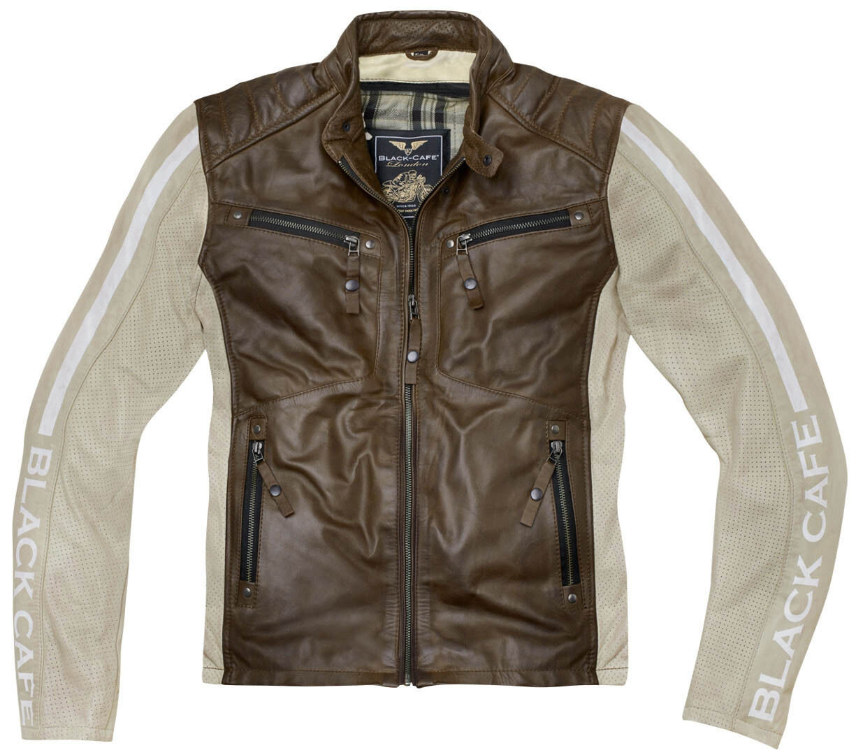 Black-Cafe London Toronto Veste en cuir de moto Blanc Brun 60