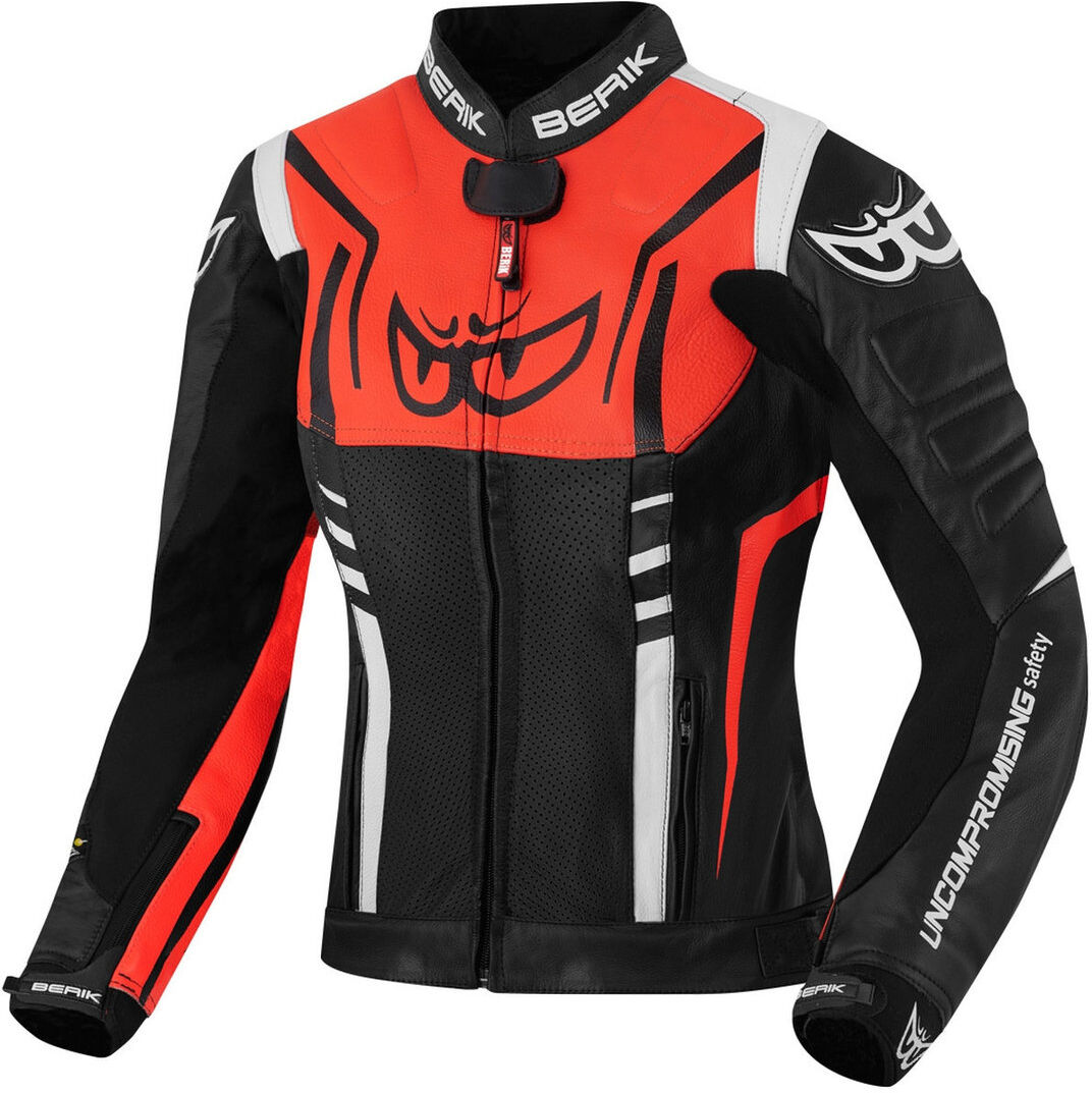 Berik Striper Ladies Motorcycle Leather Jacket Veste en cuir de moto pour dames Noir Blanc Rouge 50