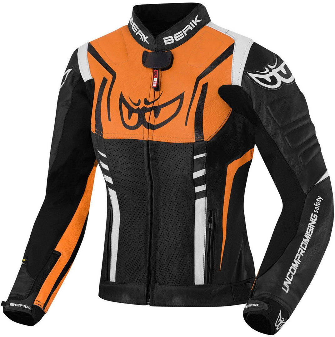 Berik Striper Ladies Motorcycle Leather Jacket Veste en cuir de moto pour dames Noir Blanc Orange 48