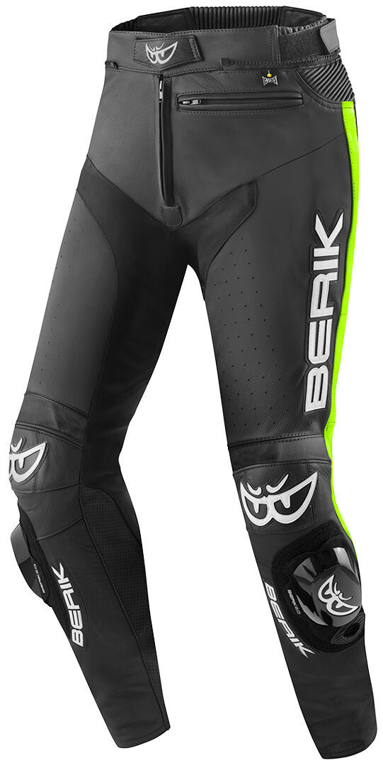 Berik Track Pantalones de cuero de moto - Negro Amarillo (58)