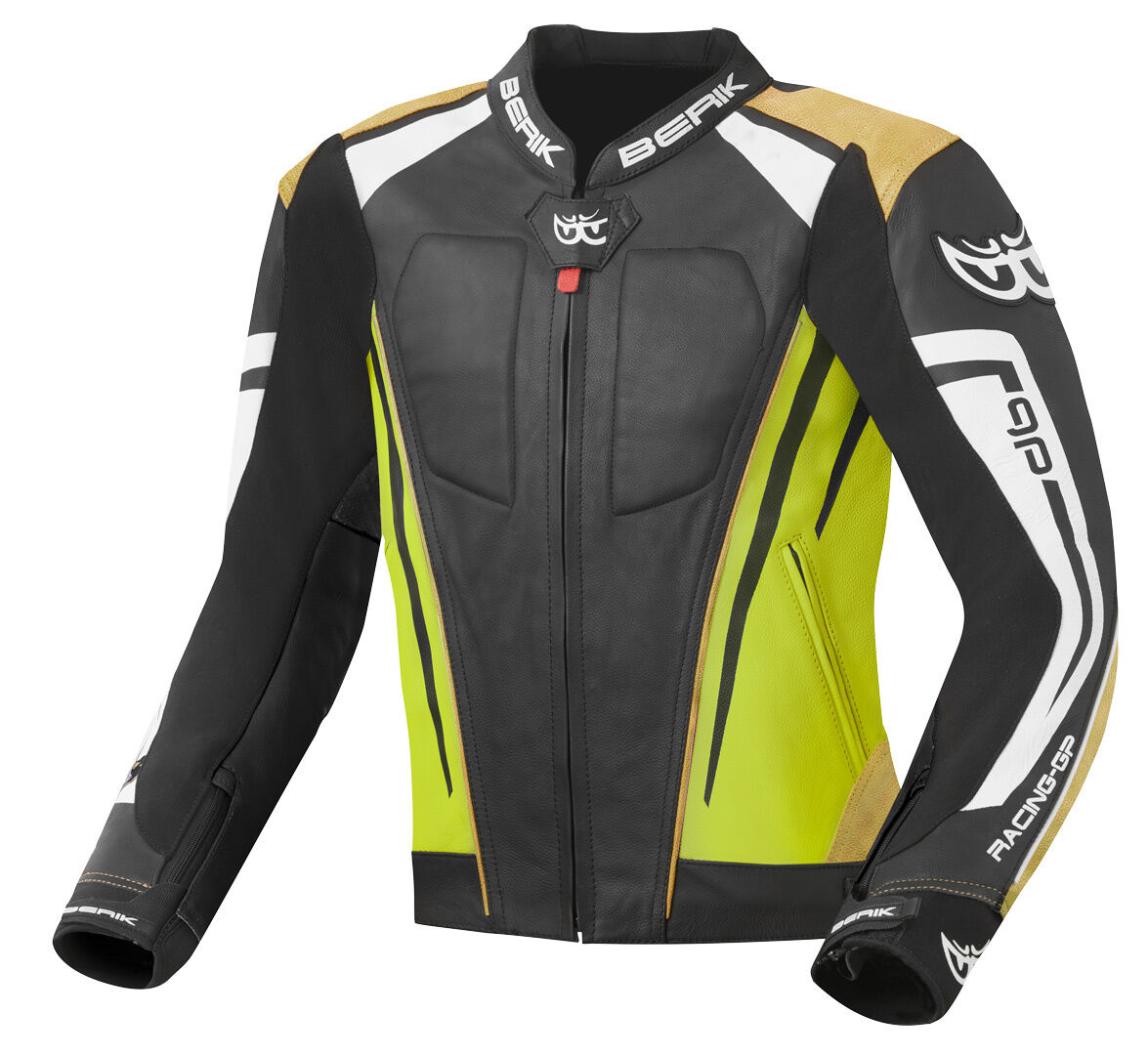 Berik Striper Evo Chaqueta de cuero para motocicleta - Negro Amarillo (58)