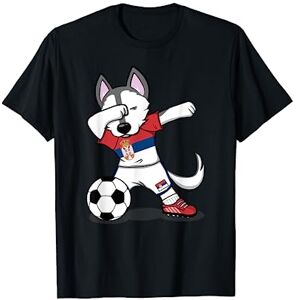 Teeisle Serbie Football Dabbing Husky Dog Serbie Football Drapeau serbe T-Shirt - Publicité