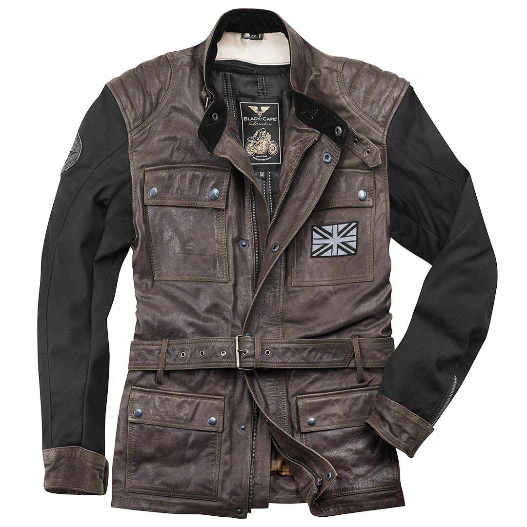 Black-Cafe London Retro Motorcycle Leather Jacket  - Black Brown