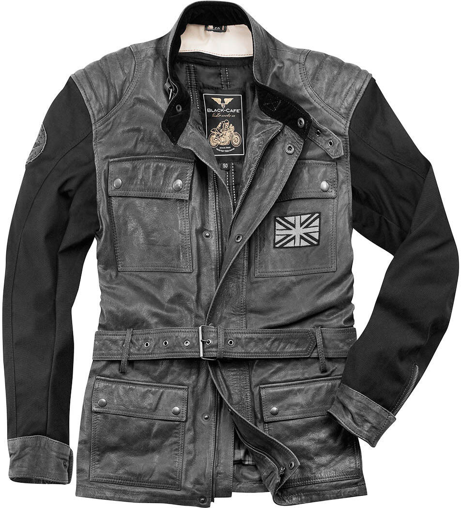 Black-Cafe London Retro Motorcycle Leather Jacket  - Grey