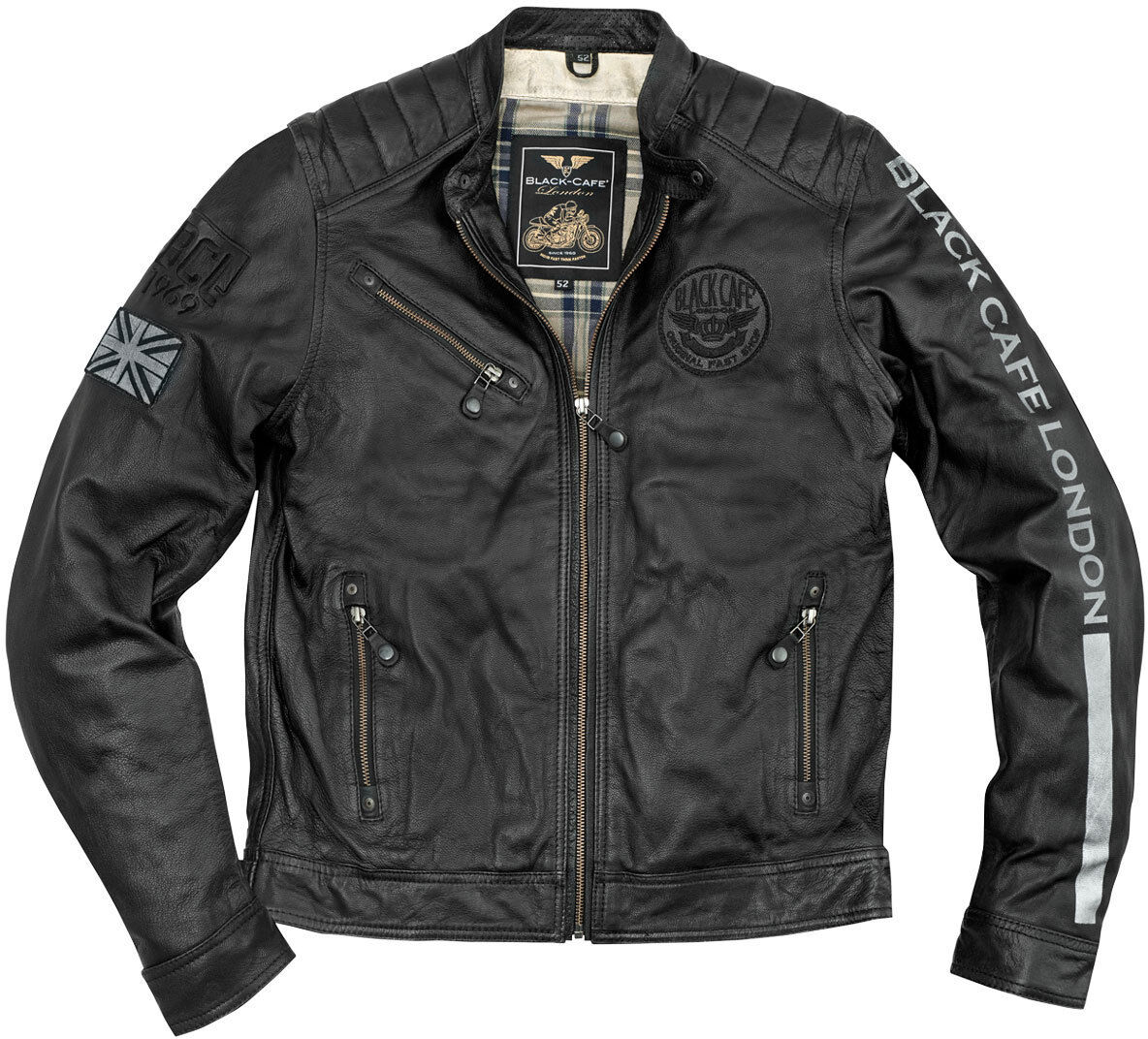 Black-Cafe London Shanghai Motorcycle Leather Jacket  - Black White