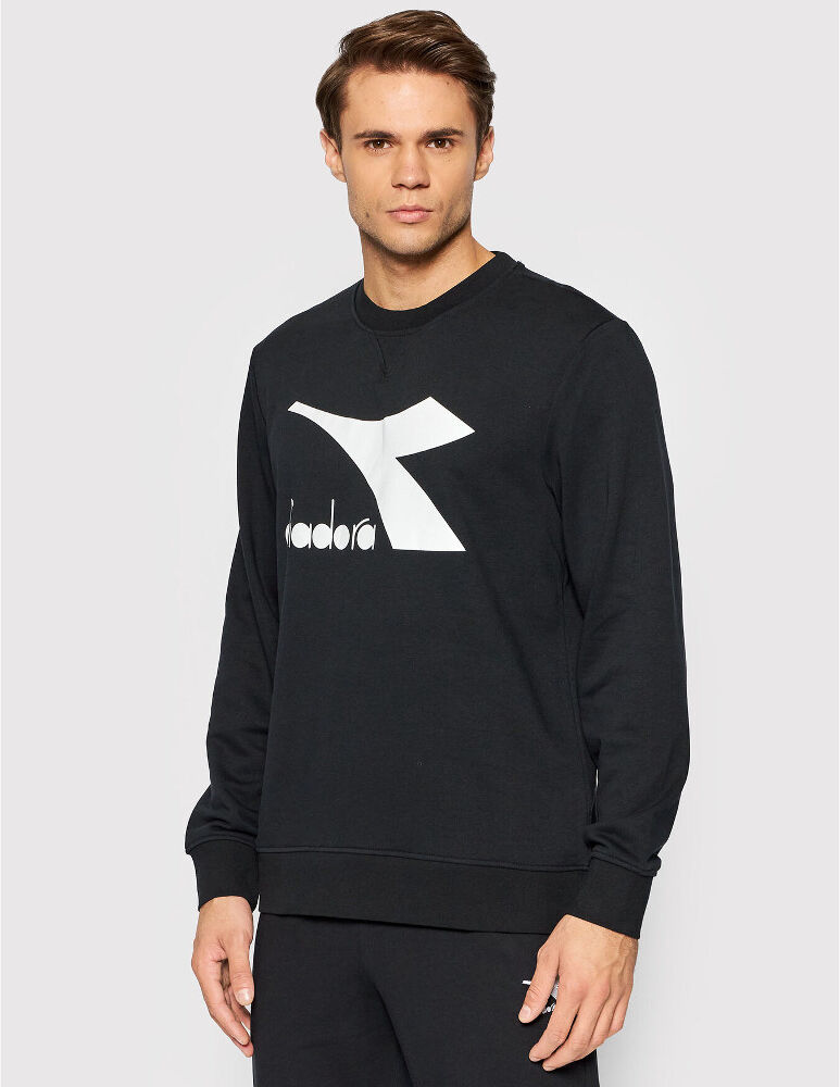 Diadora Felpa Sportiva pullover UOMO Nero CREW LOGO CHROMIA Cotone garzato