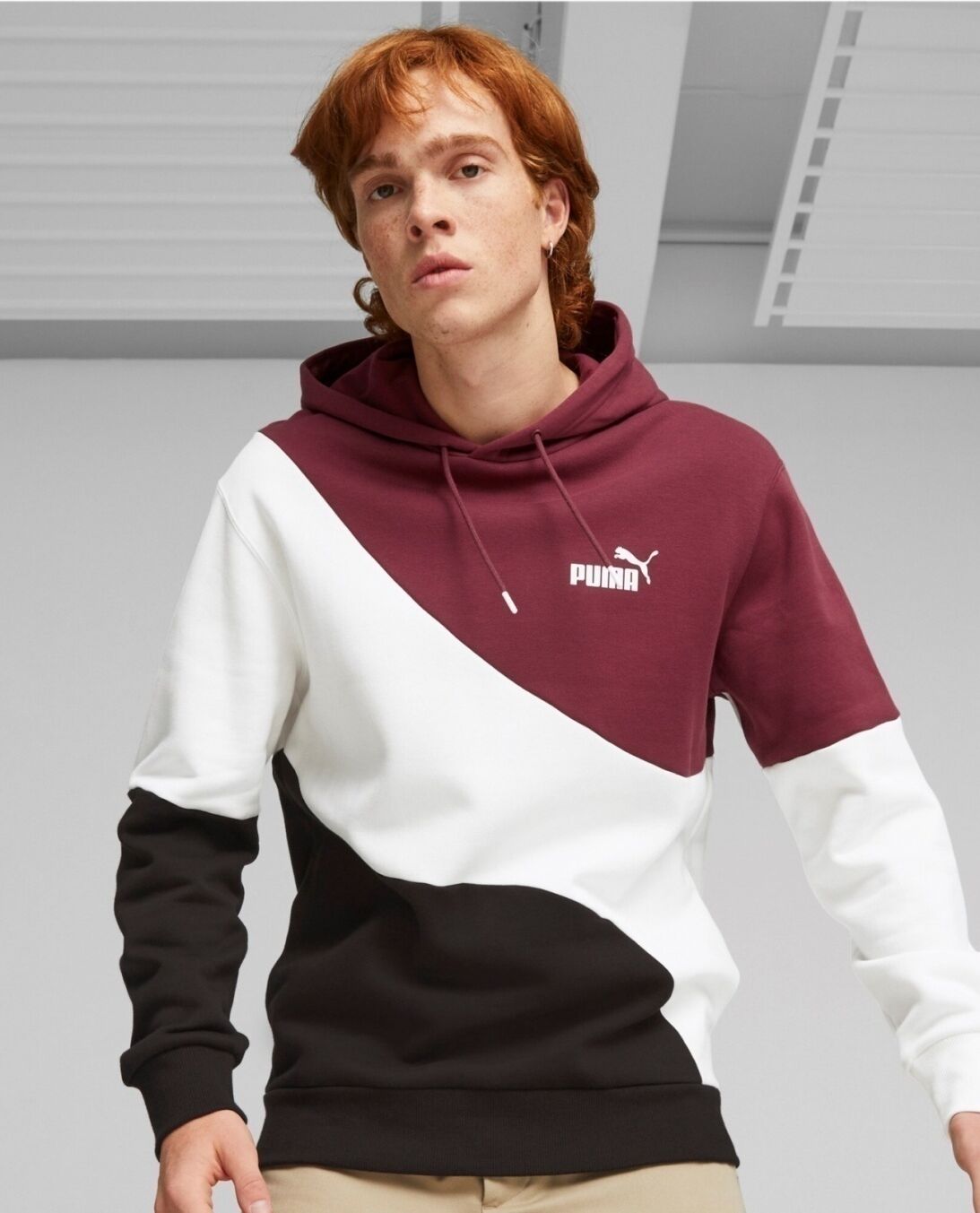 Puma Felpa Cappuccio Hoodie UOMO Power Cat Fleece Amaranto con tasche