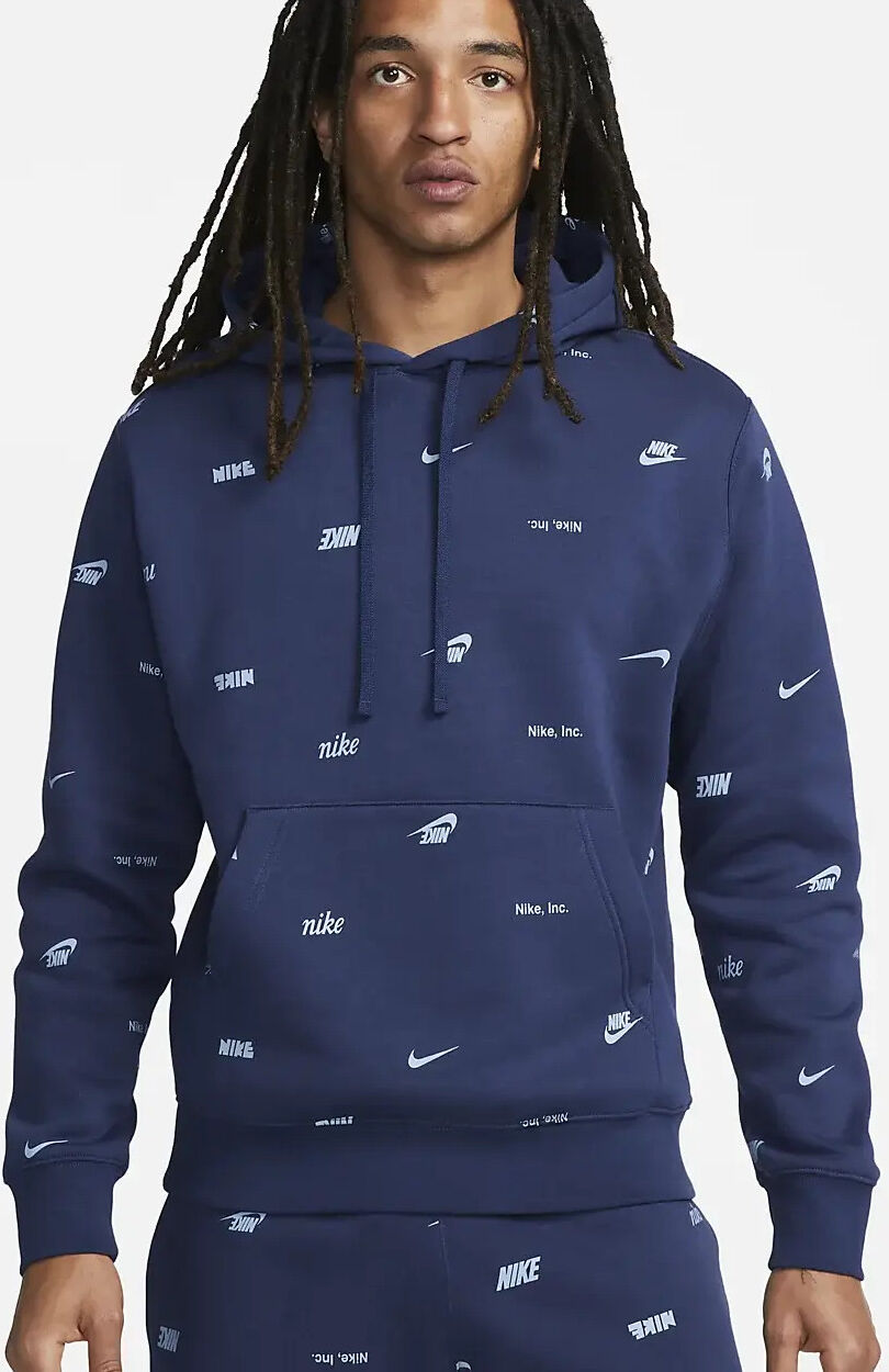 Nike Felpa Cappuccio Hoodie UOMO all over Print Fleece Blu con tasche