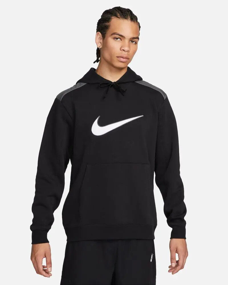 Nike Felpa Cappuccio Hoodie UOMO Pullover SWOOSH BIG LOGO Nero Cotone felpato