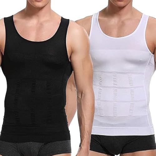 BLEDD Compressie Shirts voor Heren, Heren Afslankende Body Shaper Vest, Strakke Tank Top voor Mannen, Compressie Shirt Tank Top, Zwart+wit, XL